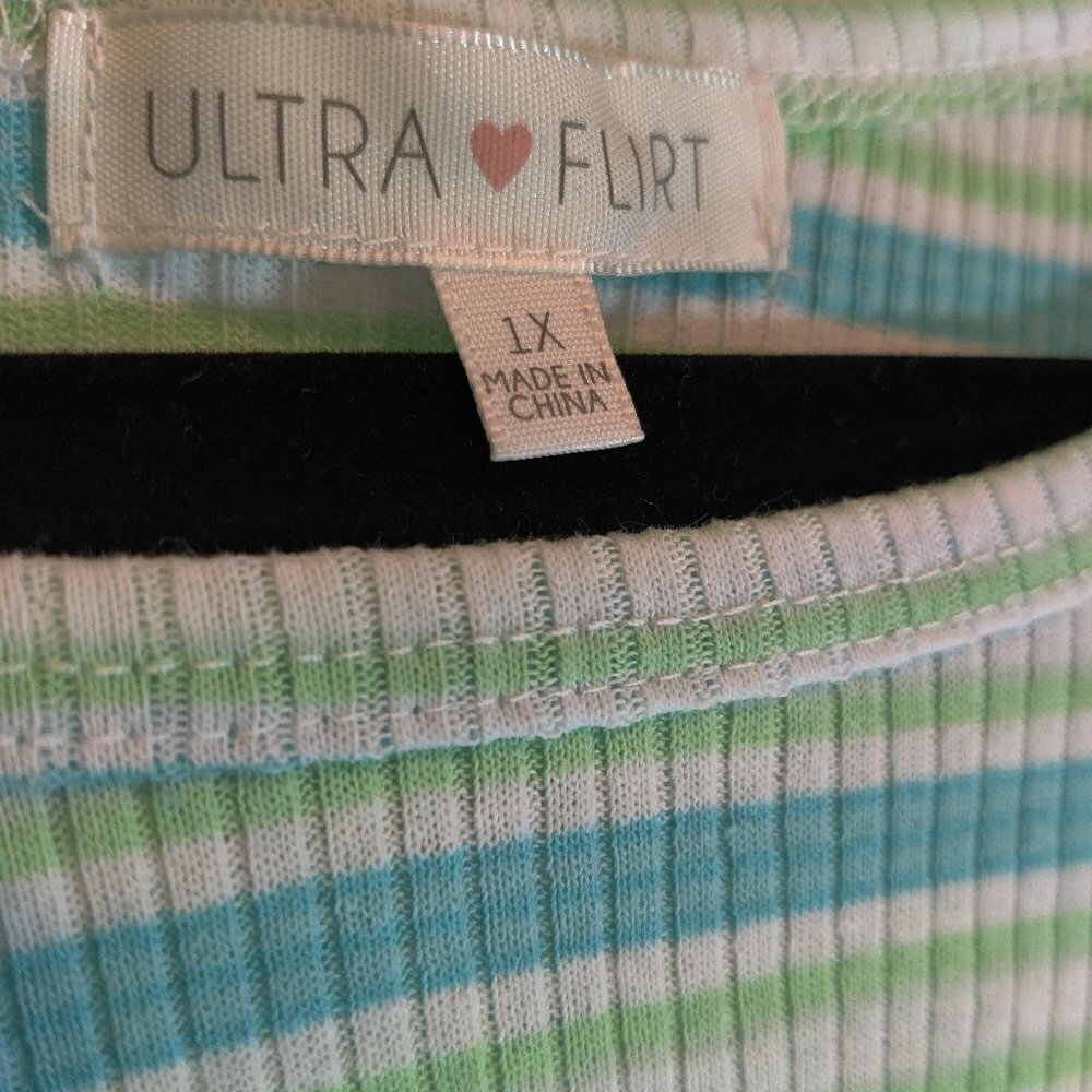 Ultra Flirt Dress Knit, Cut Out at chest in a stretchy Aqua and White Fabric 1X - Picture 3 of 5